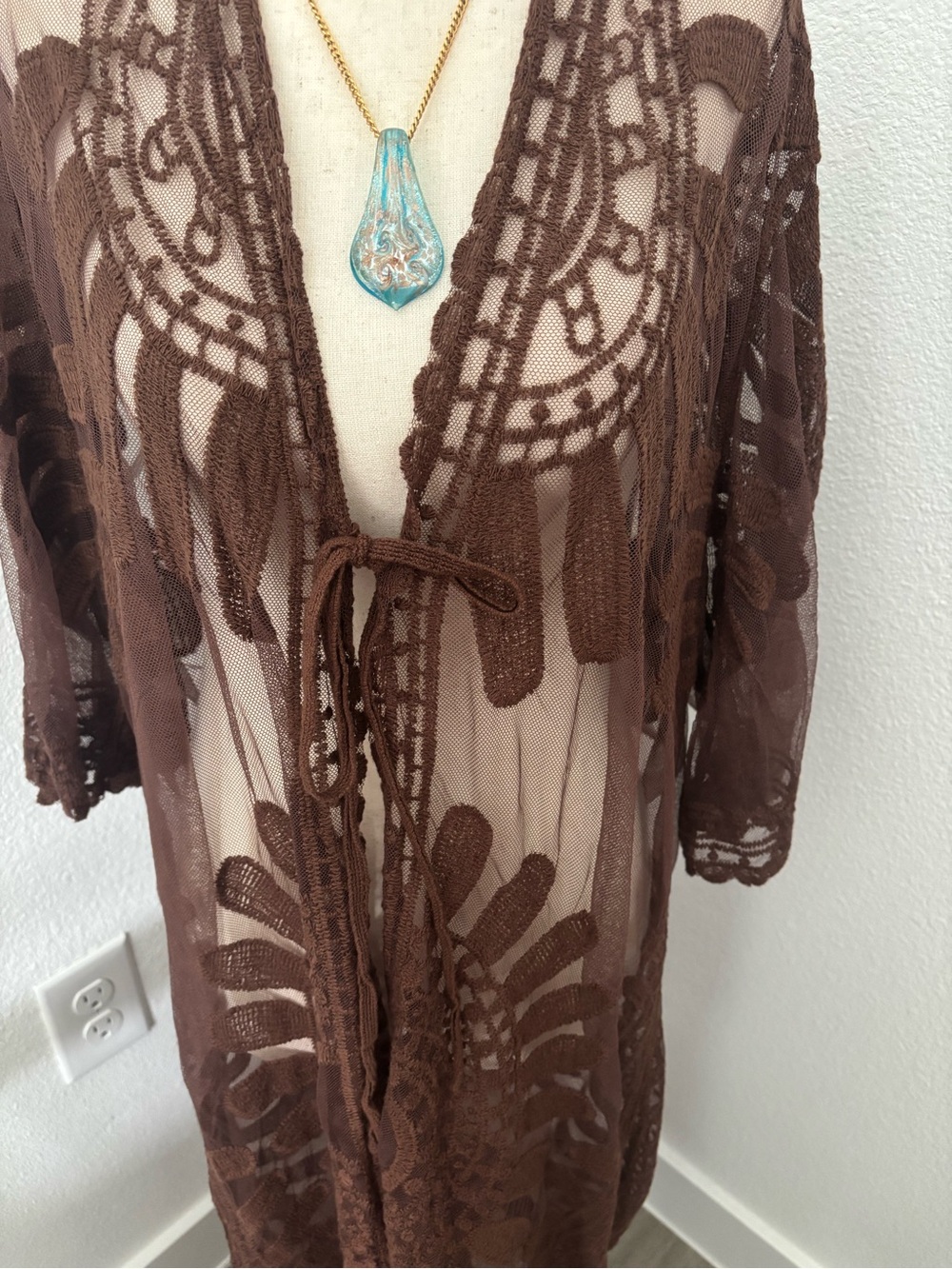 Swimsuit Beach Cover Up Crochet Look Lace Brown Final Sale OS Ships Quickly - Picture 2 of 8